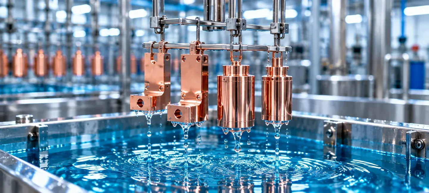 Illustration of copper-plated components lifted from an electroplating bath